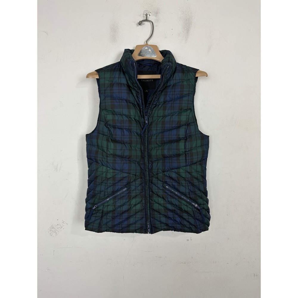 Talbots Womens Black Watch Plaid Down Puffer Vest Navy‎ Green Tartan Size M